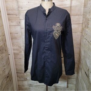 Zara Navy Button Down Shirt with Gold Embroidery